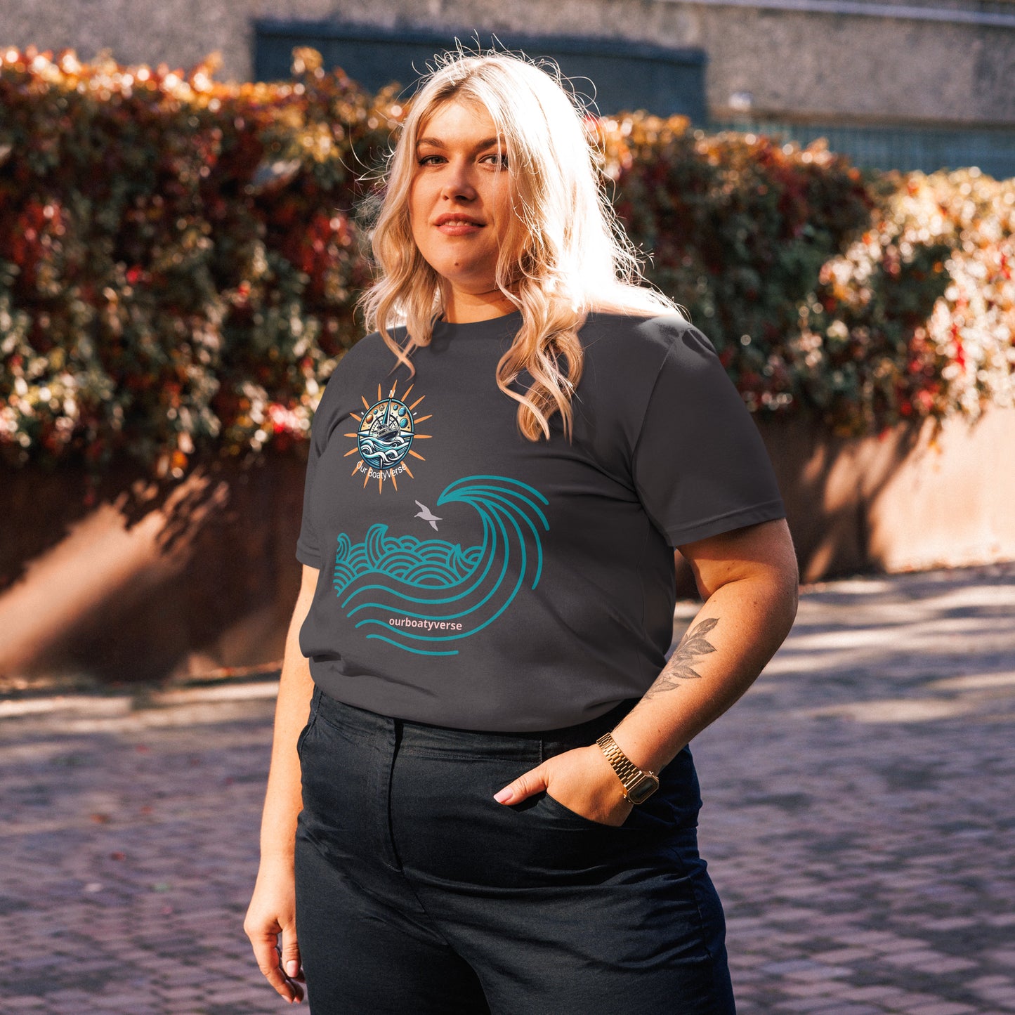 Women's Sun, Sea and Waves Organic, Eco Friendly cotton T-shirt by Our BoatyVerse
