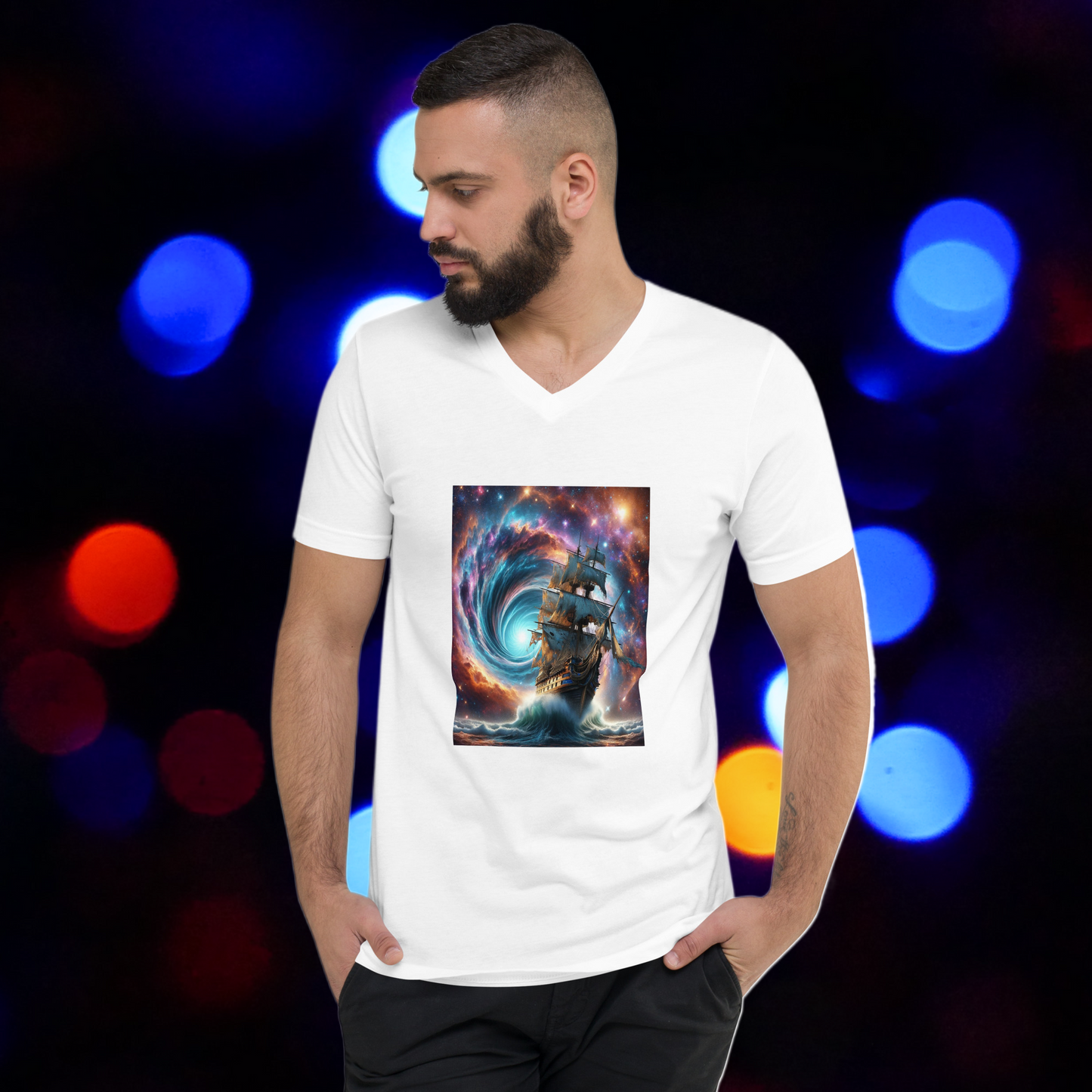 Sailing the Vortex Short Sleeve V-Neck T-Shirt by Our BoatyVerse