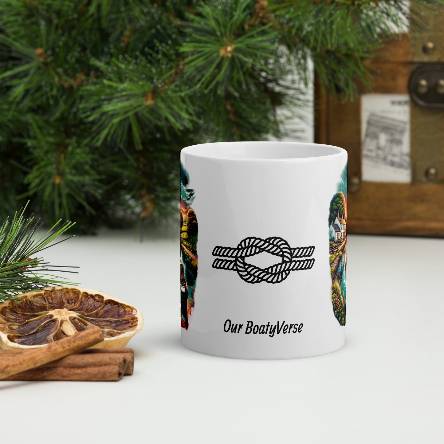 Narrowboat Dreams, White glossy mug by Our BoatyVerse