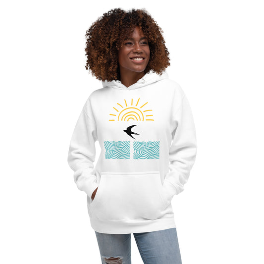 Bright white hoodie with a swallow flying across the ocean, sun beaming above!