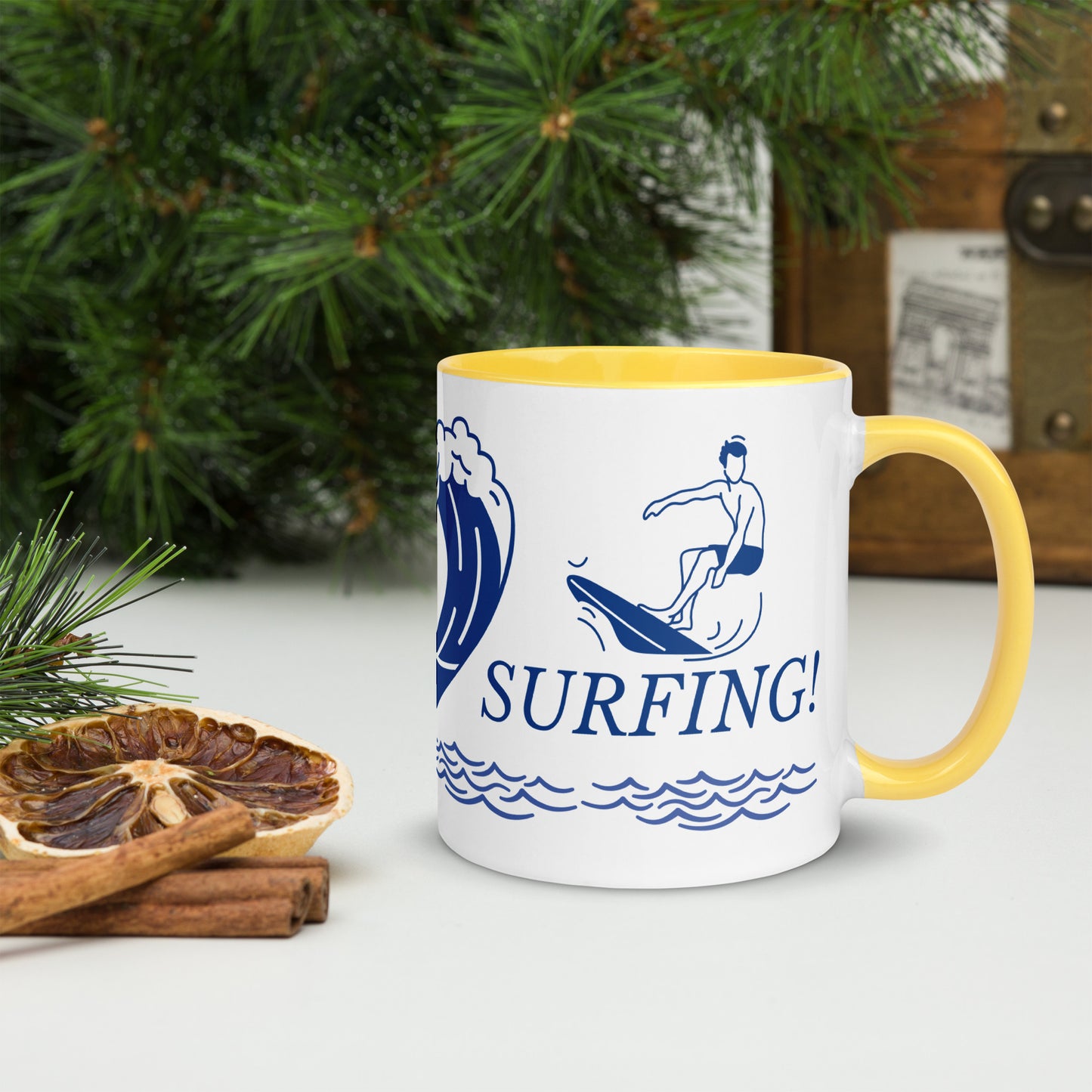 I Love Surfing Mug with Colour Inside by Our BoatyVerse